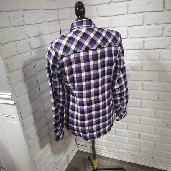 BC Clothing Ladies Size Small Purple White Black Plaid Faux Fur Lined Shirt - Picture 2 of 12
